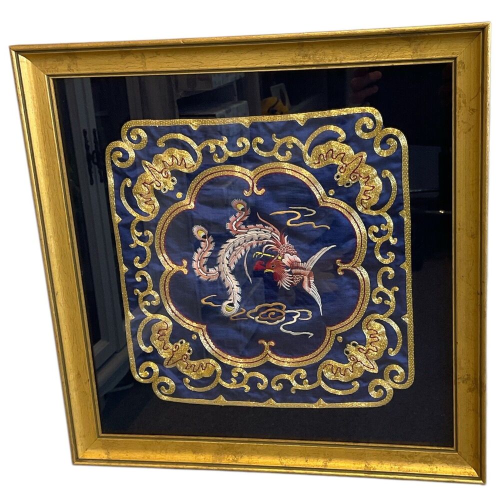 Phoenix Bird Silk Embroidery Custom Framed‎ Rich Gold Royal Blue Asian Style